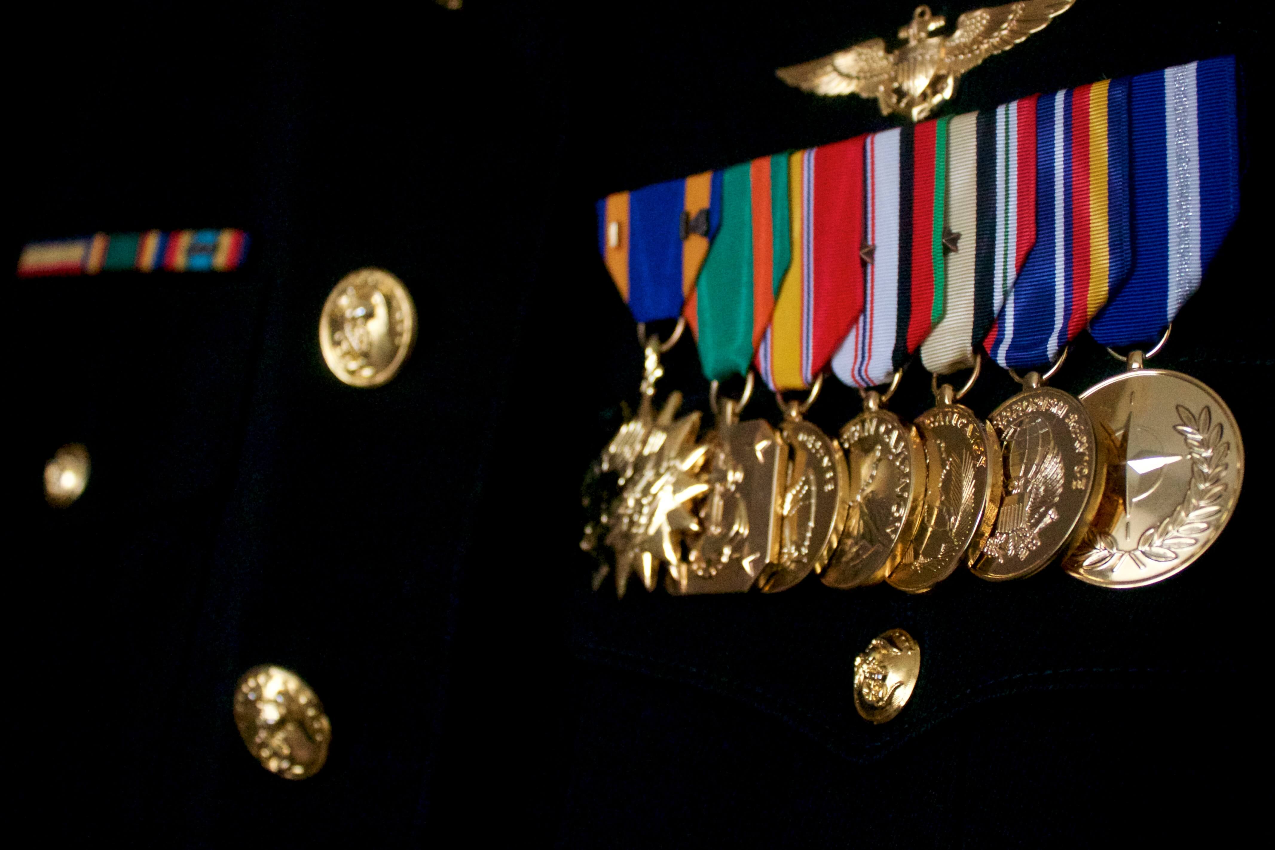 Mounted military medals on a dress uniform